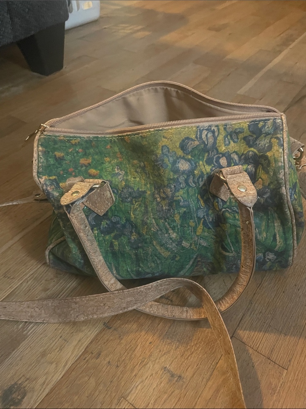 Van Gogh inspired green floral Tote Bag with Cork Trim